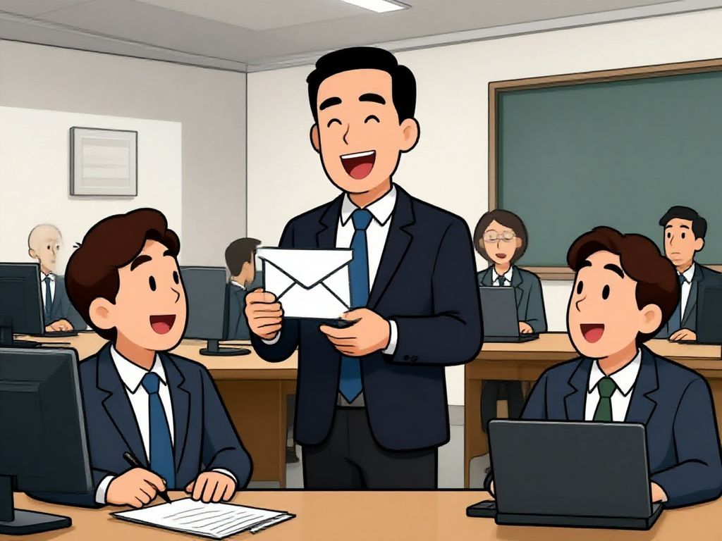 Cartoon business professional happily sending an email with colleagues discussing in the background.