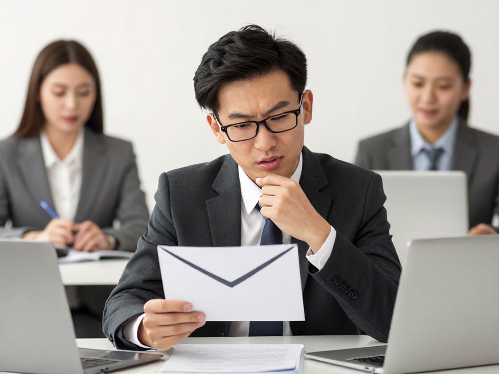 Cartoon business professional thoughtfully composing an email, with friendly colleagues offering input in the background.