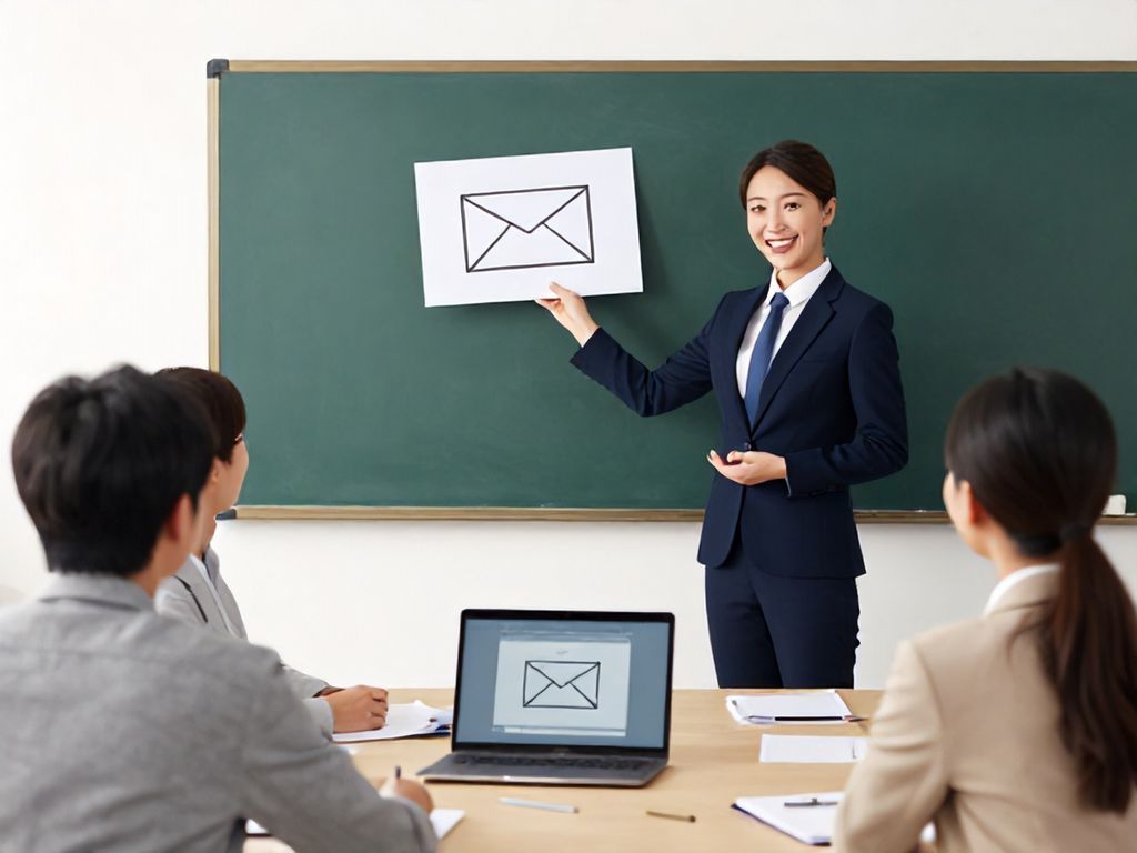 Cartoon professional presenting an email update on a laptop in a bright boardroom, with smiling colleagues.