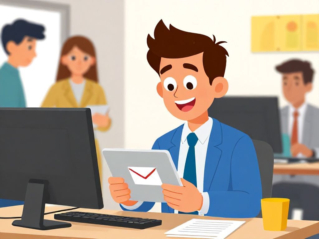 Cartoon professional smiling while sending an email on a tablet, surrounded by colorful office elements and colleagues collaborating nearby.