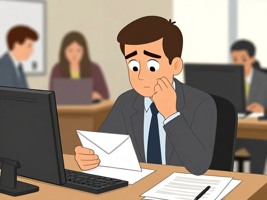 Cartoon professional thoughtfully writing an email at a desk, with colleagues collaborating in the background.