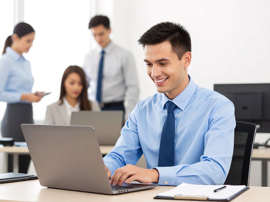 Friendly cartoon business professional typing an email on a laptop in a bright office, with smiling coworkers nearby.